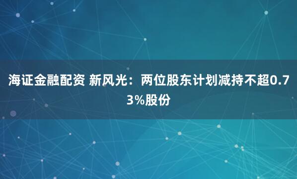 海证金融配资 新风光：两位股东计划减持不超0.73%股份